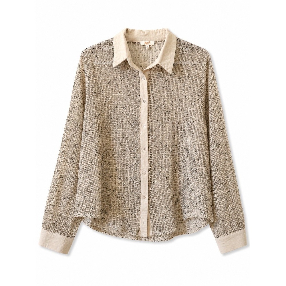 Peach Womens Open Mesh Textured Button Down Blouse Top Beige Long Sleeve L